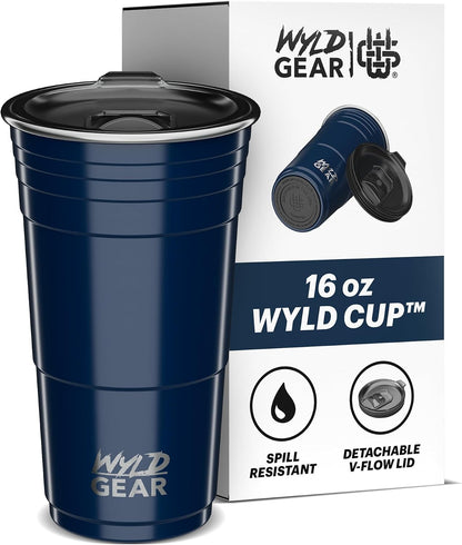 Wyld Gear Party Cup 16oz Navy Stainless Steel Reusable Metal Cup with Lid | non-sweat exterior, 18/8 stainless steel, copper-coated core, non-slip rubber bottom, leak-resistant lid, powder coated