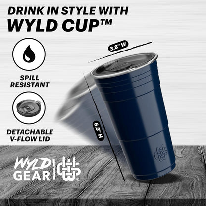 Wyld Gear Party Cup 16oz Navy Stainless Steel Reusable Metal Cup with Lid | non-sweat exterior, 18/8 stainless steel, copper-coated core, non-slip rubber bottom, leak-resistant lid, powder coated