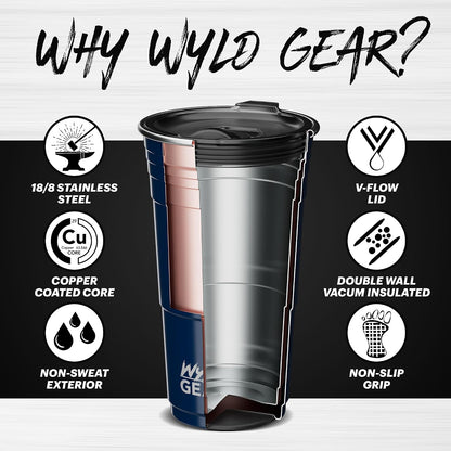 Wyld Gear Party Cup 16oz Navy Stainless Steel Reusable Metal Cup with Lid | non-sweat exterior, 18/8 stainless steel, copper-coated core, non-slip rubber bottom, leak-resistant lid, powder coated
