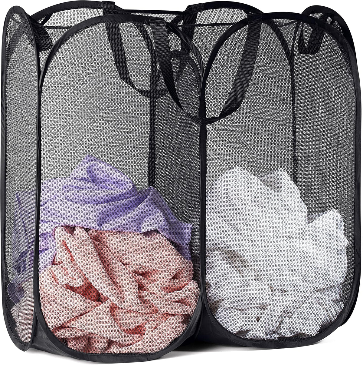 Double Pop Up Laundry Hamper, 2 Section Mesh, Black
