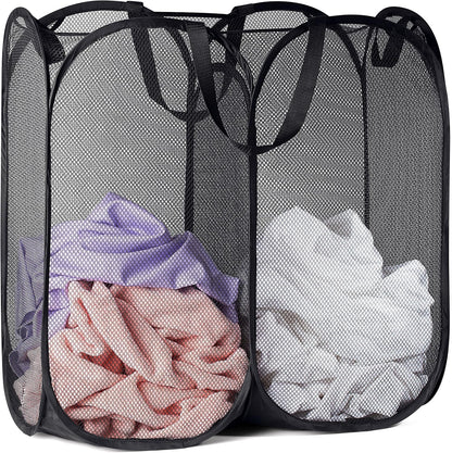 Double Pop Up Laundry Hamper, 2 Section Mesh, Black
