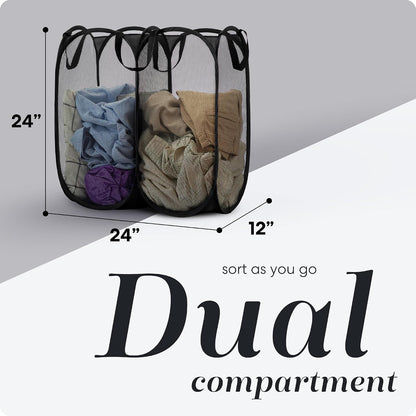 Double Pop Up Laundry Hamper, 2 Section Mesh, Black