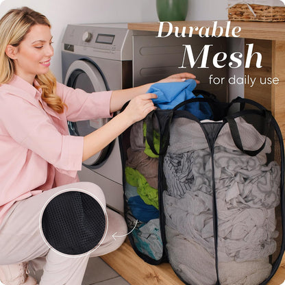 Double Pop Up Laundry Hamper, 2 Section Mesh, Black