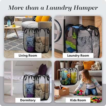 Double Pop Up Laundry Hamper, 2 Section Mesh, Black