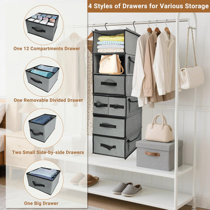 Durable 6-Tier hanging closet organizer with 5 Drawers & 3 Side Pocket,Thickened Fabric Hanging Shelves Holder with Sturdy Hook,Space-saving Storage Organization for Bedroom,Dorm,Guestroom,RV,Bathroom