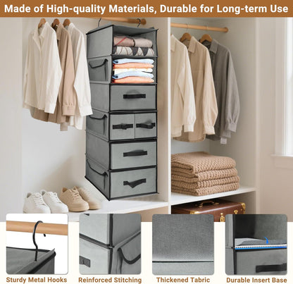 Durable 6-Tier hanging closet organizer with 5 Drawers & 3 Side Pocket,Thickened Fabric Hanging Shelves Holder with Sturdy Hook,Space-saving Storage Organization for Bedroom,Dorm,Guestroom,RV,Bathroom