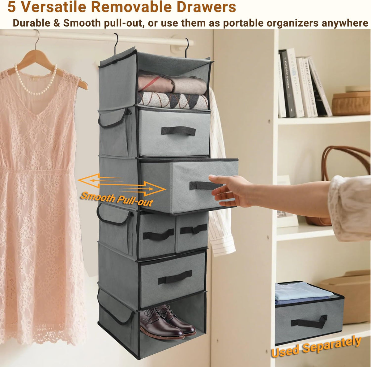 Durable 6-Tier hanging closet organizer with 5 Drawers & 3 Side Pocket,Thickened Fabric Hanging Shelves Holder with Sturdy Hook,Space-saving Storage Organization for Bedroom,Dorm,Guestroom,RV,Bathroom