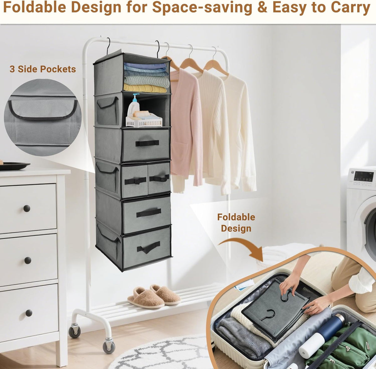 Durable 6-Tier hanging closet organizer with 5 Drawers & 3 Side Pocket,Thickened Fabric Hanging Shelves Holder with Sturdy Hook,Space-saving Storage Organization for Bedroom,Dorm,Guestroom,RV,Bathroom