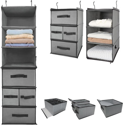 Durable 6-Tier hanging closet organizer with 5 Drawers & 3 Side Pocket,Thickened Fabric Hanging Shelves Holder with Sturdy Hook,Space-saving Storage Organization for Bedroom,Dorm,Guestroom,RV,Bathroom