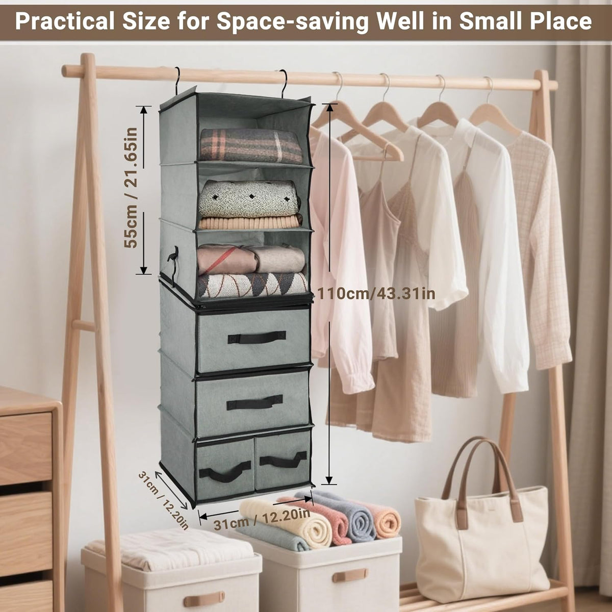 Durable 6-Tier hanging closet organizer with 5 Drawers & 3 Side Pocket,Thickened Fabric Hanging Shelves Holder with Sturdy Hook,Space-saving Storage Organization for Bedroom,Dorm,Guestroom,RV,Bathroom