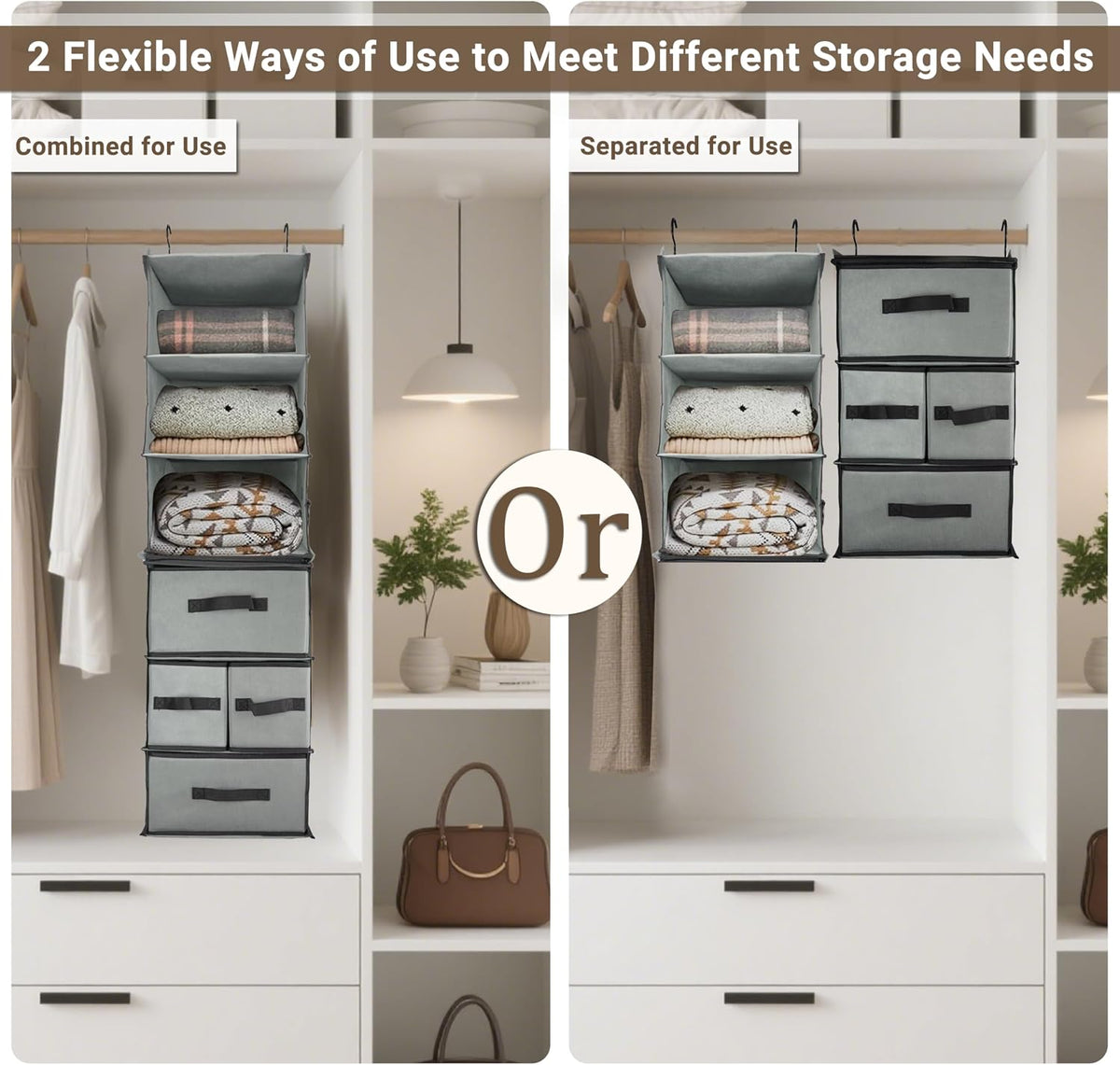 Durable 6-Tier hanging closet organizer with 5 Drawers & 3 Side Pocket,Thickened Fabric Hanging Shelves Holder with Sturdy Hook,Space-saving Storage Organization for Bedroom,Dorm,Guestroom,RV,Bathroom