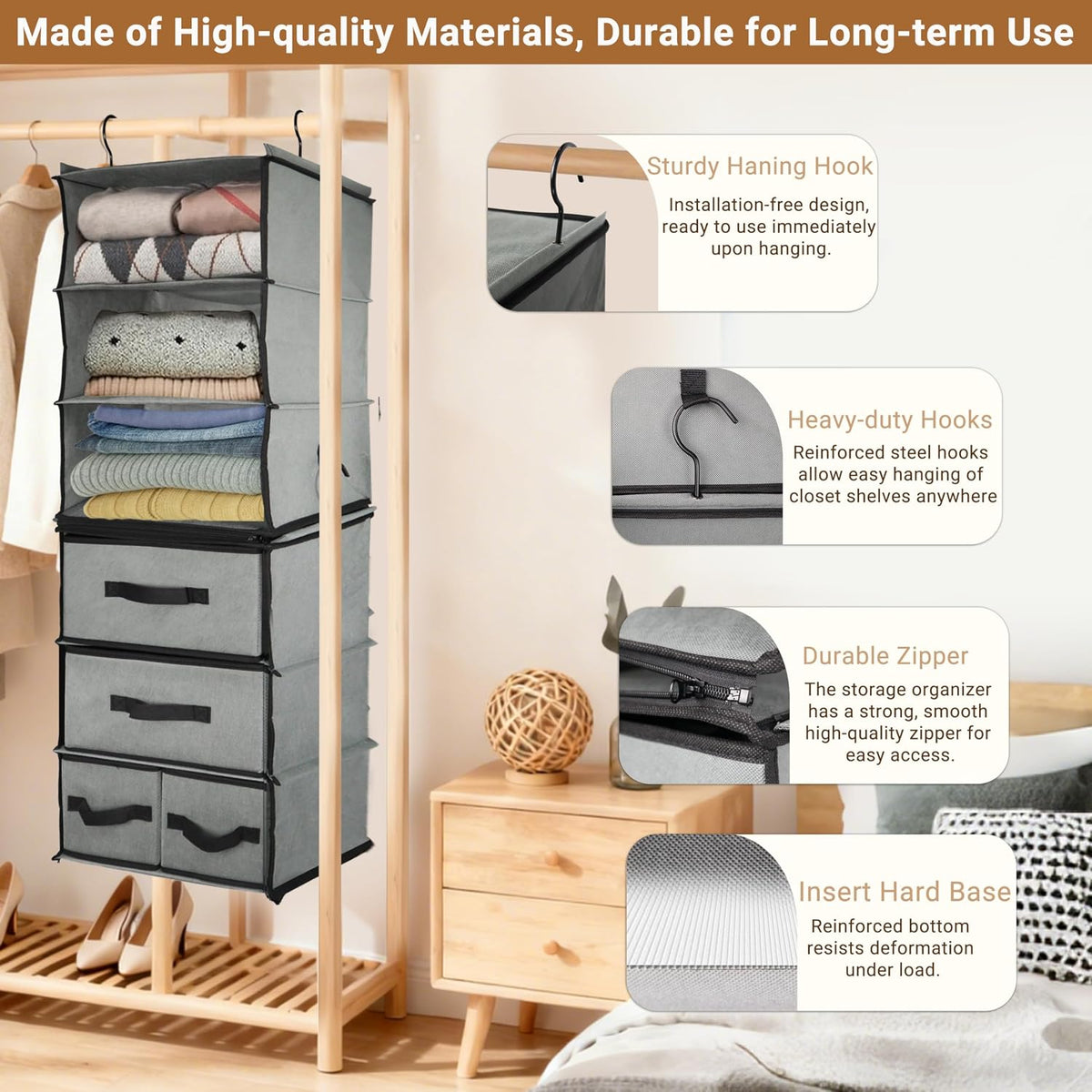 Durable 6-Tier hanging closet organizer with 5 Drawers & 3 Side Pocket,Thickened Fabric Hanging Shelves Holder with Sturdy Hook,Space-saving Storage Organization for Bedroom,Dorm,Guestroom,RV,Bathroom