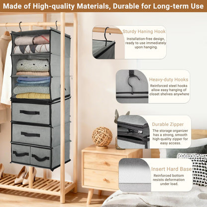 Durable 6-Tier hanging closet organizer with 5 Drawers & 3 Side Pocket,Thickened Fabric Hanging Shelves Holder with Sturdy Hook,Space-saving Storage Organization for Bedroom,Dorm,Guestroom,RV,Bathroom