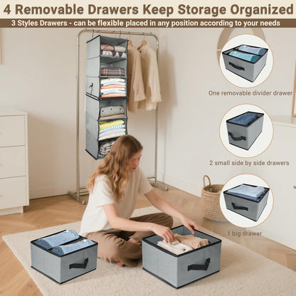 Durable 6-Tier hanging closet organizer with 5 Drawers & 3 Side Pocket,Thickened Fabric Hanging Shelves Holder with Sturdy Hook,Space-saving Storage Organization for Bedroom,Dorm,Guestroom,RV,Bathroom