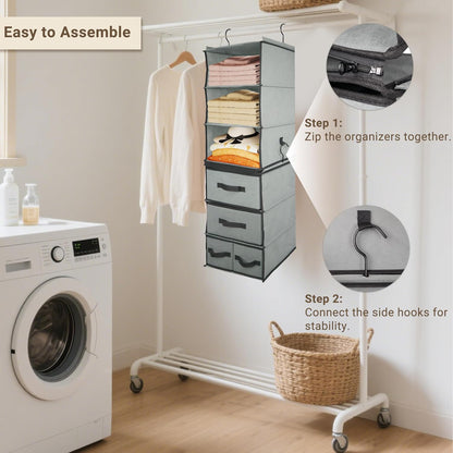 Durable 6-Tier hanging closet organizer with 5 Drawers & 3 Side Pocket,Thickened Fabric Hanging Shelves Holder with Sturdy Hook,Space-saving Storage Organization for Bedroom,Dorm,Guestroom,RV,Bathroom