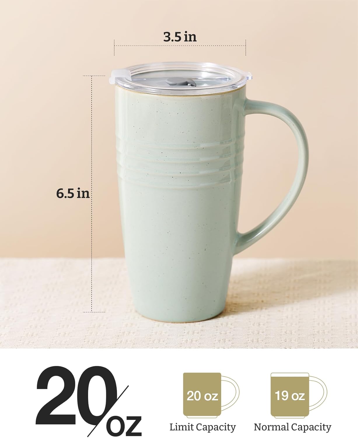 Jupiter Large Coffee Mug, 20oz Coffee Mug with Lid, Ceramic Cup | Stoneware Cup with Handle for Coffee, Latte, Cappuccino, Tea, Cocoa, Milk, Microwave and Dishwasher Safe, Light Pink