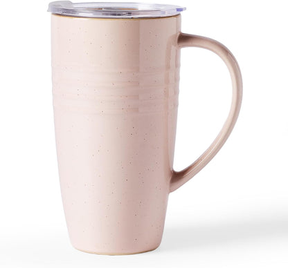 Jupiter Large Coffee Mug, 20oz Coffee Mug with Lid, Ceramic Cup | Stoneware Cup with Handle for Coffee, Latte, Cappuccino, Tea, Cocoa, Milk, Microwave and Dishwasher Safe, Light Pink