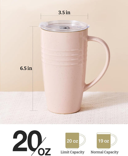 Jupiter Large Coffee Mug, 20oz Coffee Mug with Lid, Ceramic Cup | Stoneware Cup with Handle for Coffee, Latte, Cappuccino, Tea, Cocoa, Milk, Microwave and Dishwasher Safe, Light Pink