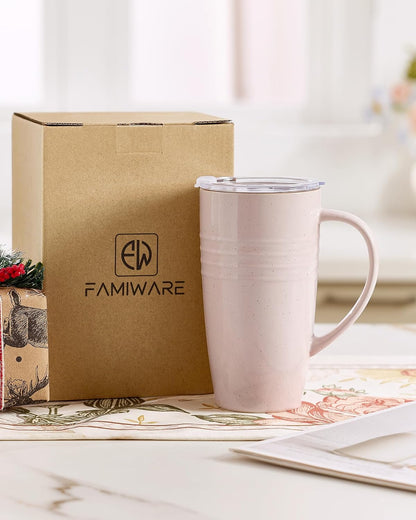Jupiter Large Coffee Mug, 20oz Coffee Mug with Lid, Ceramic Cup | Stoneware Cup with Handle for Coffee, Latte, Cappuccino, Tea, Cocoa, Milk, Microwave and Dishwasher Safe, Light Pink