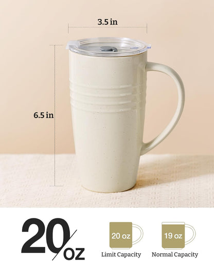 Jupiter Large Coffee Mug, 20oz Coffee Mug with Lid, Ceramic Cup | Stoneware Cup with Handle for Coffee, Latte, Cappuccino, Tea, Cocoa, Milk, Microwave and Dishwasher Safe, Light Pink