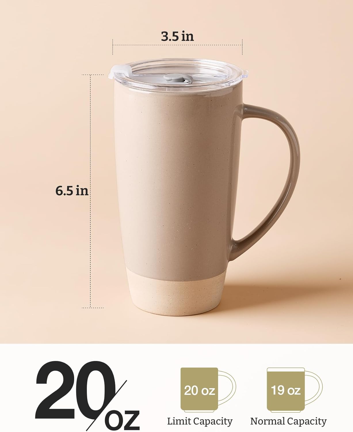 Jupiter Large Coffee Mug, 20oz Coffee Mug with Lid, Ceramic Cup | Stoneware Cup with Handle for Coffee, Latte, Cappuccino, Tea, Cocoa, Milk, Microwave and Dishwasher Safe, Light Pink