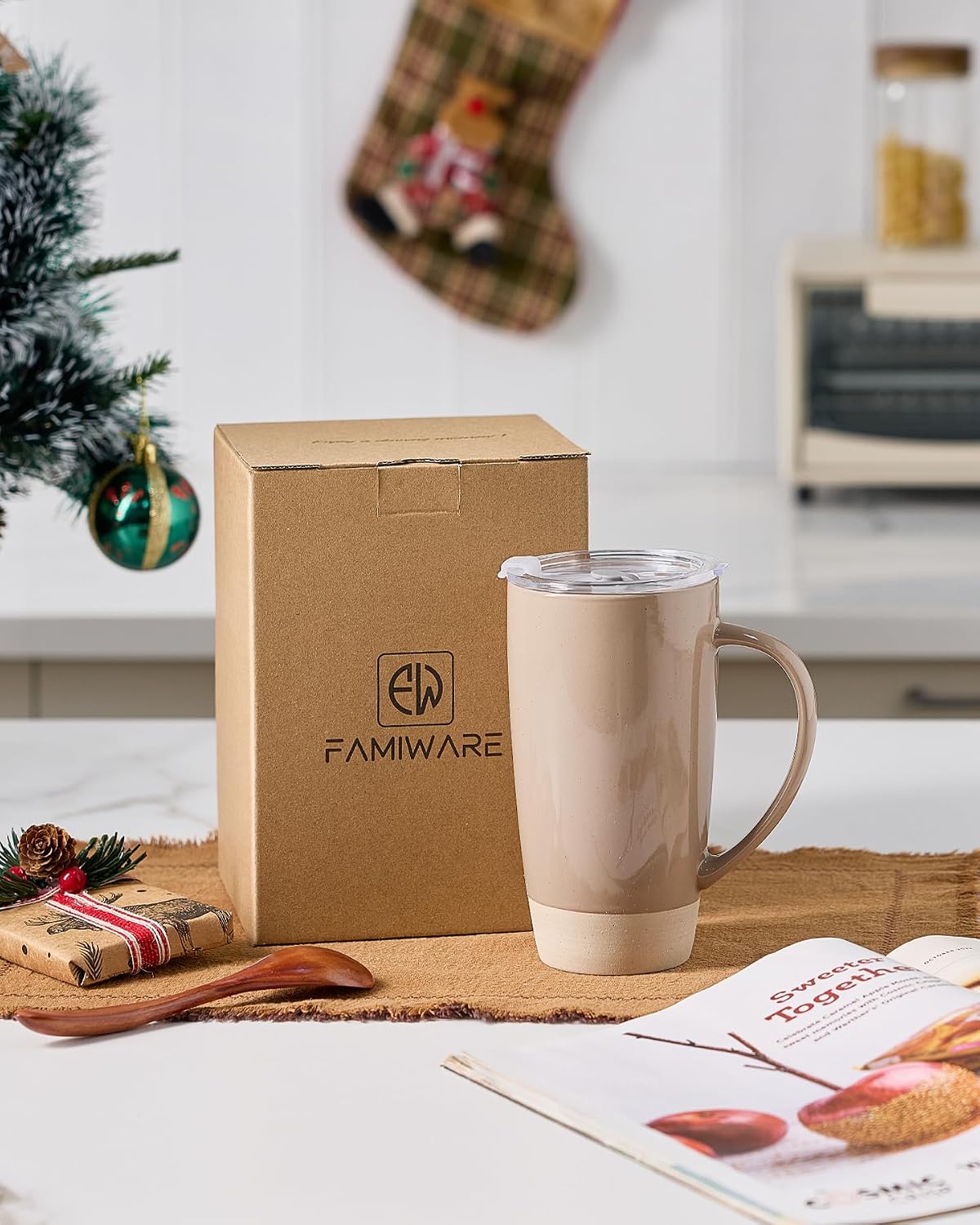 Jupiter Large Coffee Mug, 20oz Coffee Mug with Lid, Ceramic Cup | Stoneware Cup with Handle for Coffee, Latte, Cappuccino, Tea, Cocoa, Milk, Microwave and Dishwasher Safe, Light Pink
