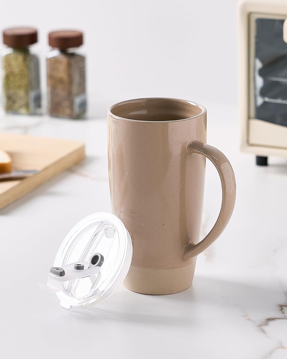 Jupiter Large Coffee Mug, 20oz Coffee Mug with Lid, Ceramic Cup | Stoneware Cup with Handle for Coffee, Latte, Cappuccino, Tea, Cocoa, Milk, Microwave and Dishwasher Safe, Light Pink