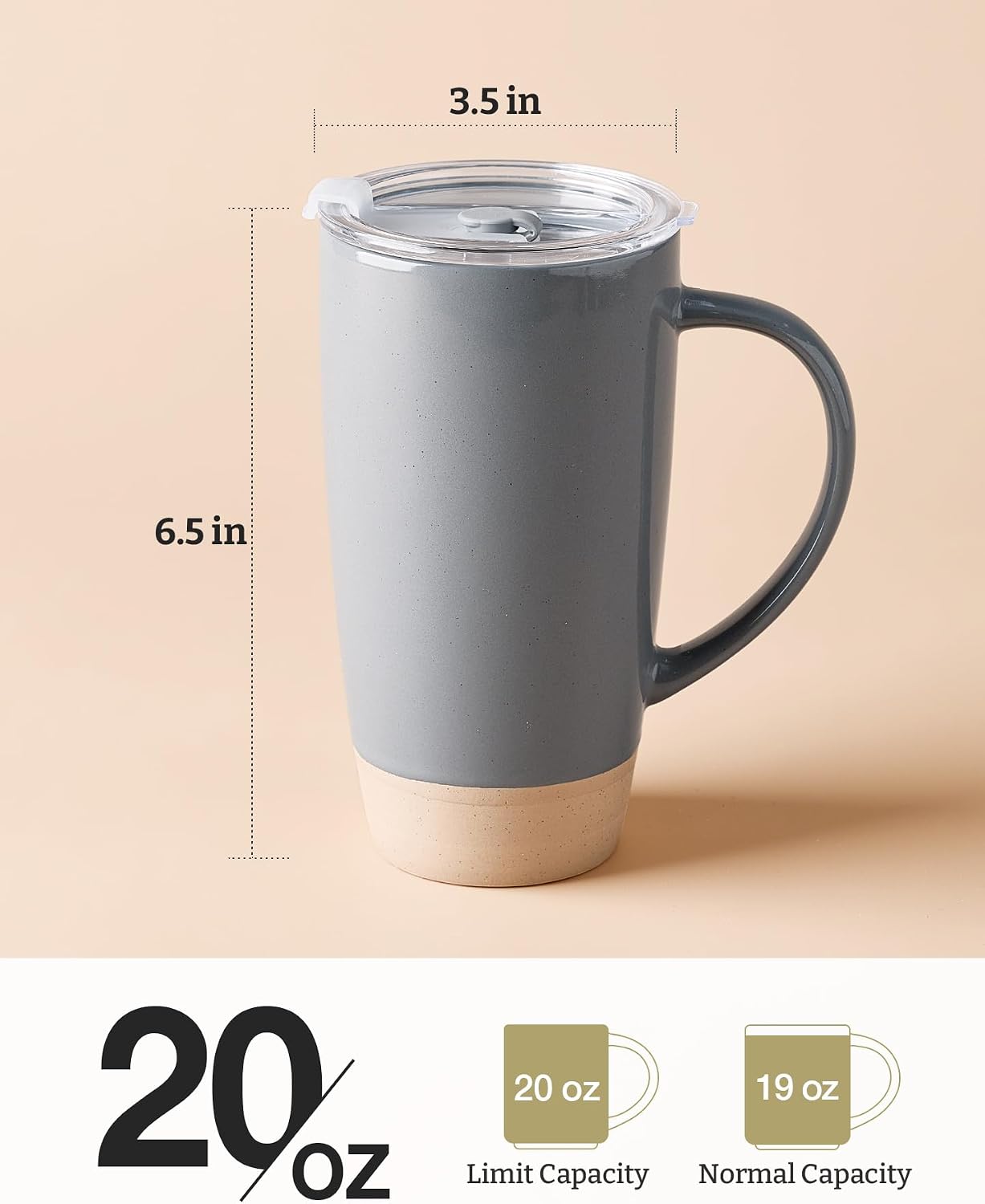 Jupiter Large Coffee Mug, 20oz Coffee Mug with Lid, Ceramic Cup | Stoneware Cup with Handle for Coffee, Latte, Cappuccino, Tea, Cocoa, Milk, Microwave and Dishwasher Safe, Light Pink