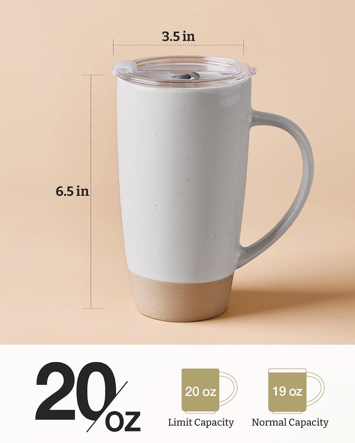 Jupiter Large Coffee Mug, 20oz Coffee Mug with Lid, Ceramic Cup | Stoneware Cup with Handle for Coffee, Latte, Cappuccino, Tea, Cocoa, Milk, Microwave and Dishwasher Safe, Light Pink