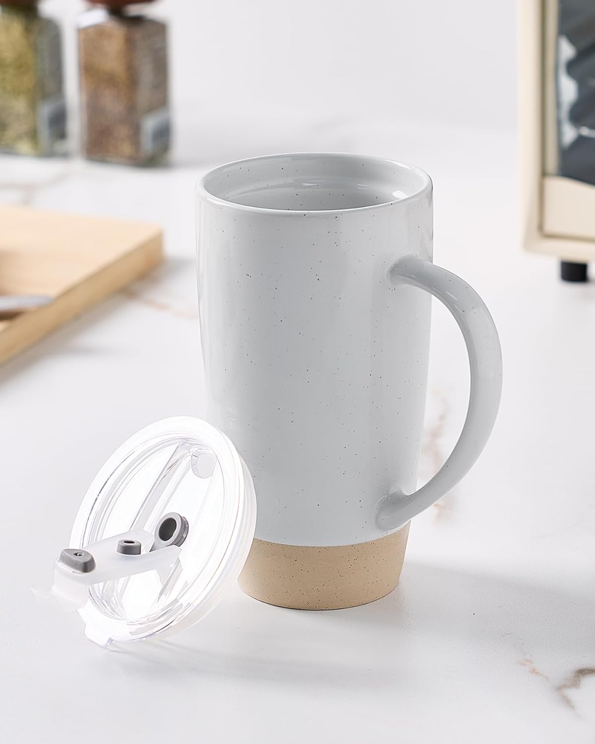 Jupiter Large Coffee Mug, 20oz Coffee Mug with Lid, Ceramic Cup | Stoneware Cup with Handle for Coffee, Latte, Cappuccino, Tea, Cocoa, Milk, Microwave and Dishwasher Safe, Light Pink