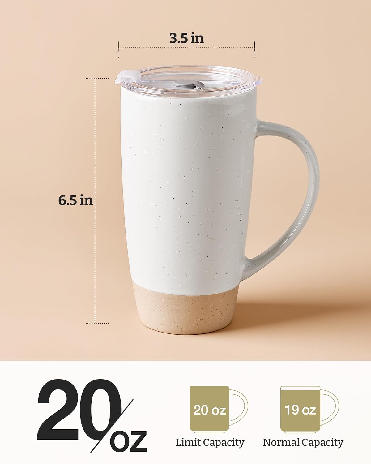 Jupiter Large Coffee Mug, 20oz Coffee Mug with Lid, Ceramic Cup | Stoneware Cup with Handle for Coffee, Latte, Cappuccino, Tea, Cocoa, Milk, Microwave and Dishwasher Safe, Light Pink