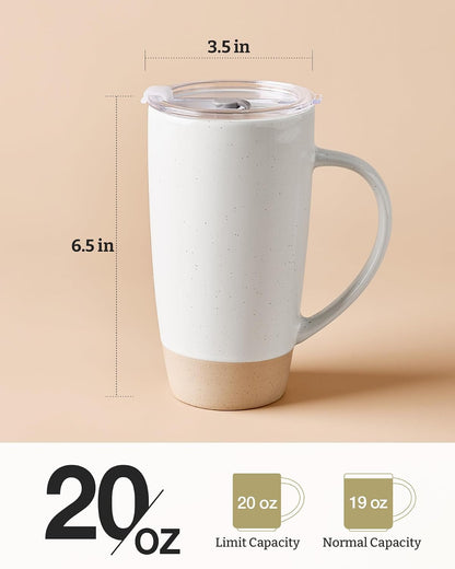 Jupiter Large Coffee Mug, 20oz Coffee Mug with Lid, Ceramic Cup | Stoneware Cup with Handle for Coffee, Latte, Cappuccino, Tea, Cocoa, Milk, Microwave and Dishwasher Safe, Light Pink