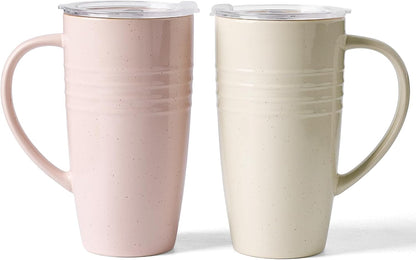 Jupiter Large Coffee Mug, 20oz Coffee Mug with Lid, Ceramic Cup | Stoneware Cup with Handle for Coffee, Latte, Cappuccino, Tea, Cocoa, Milk, Microwave and Dishwasher Safe, Light Pink