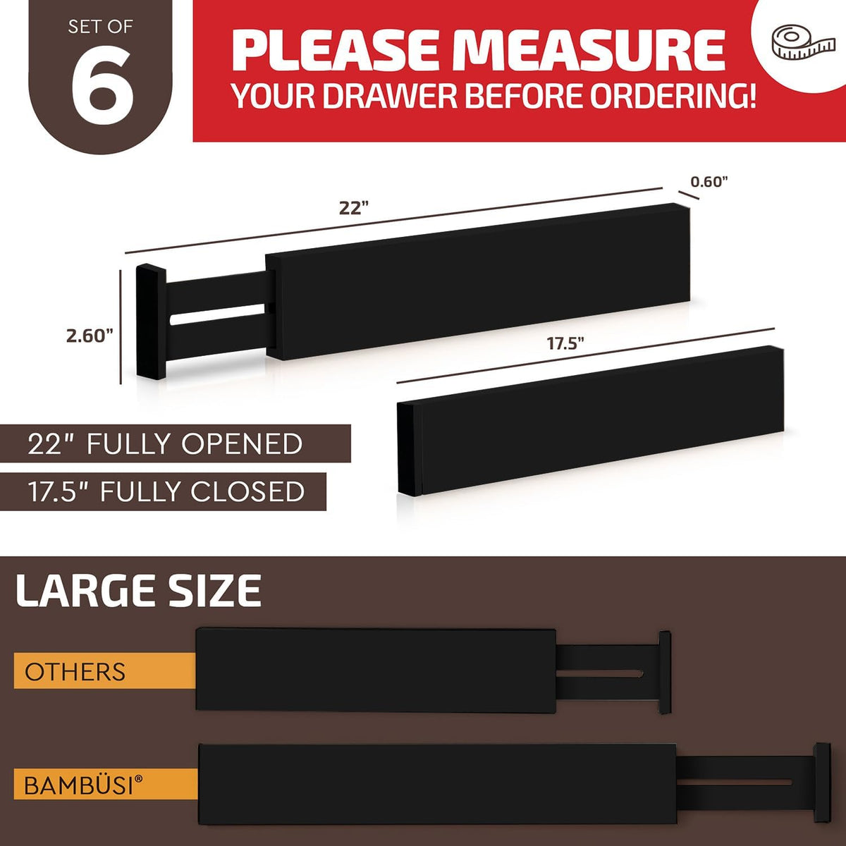 6-Pack Drawer Dividers 2.6-Inch High Dresser Drawer Organizer 16 to 22 Inch