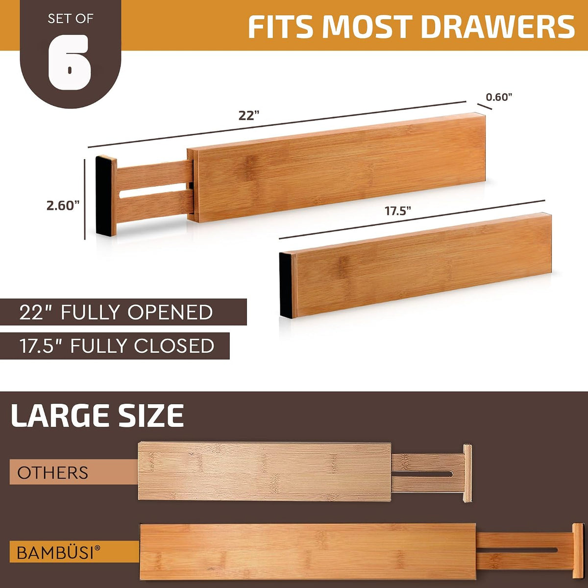 6-Pack Drawer Dividers 2.6-Inch High Dresser Drawer Organizer 16 to 22 Inch