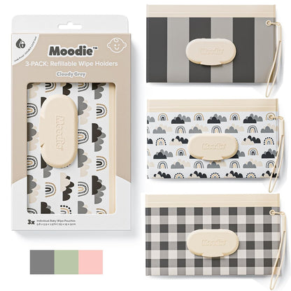 3PACK Baby Wipes Holder | Refillable Wipes Container w/DOUBLE-LOCK SEAL |Travel Wipe Case | Portable Wipe Dispenser | Reusable Wipes Pouch (Cloudy Grey, 3 PACK)