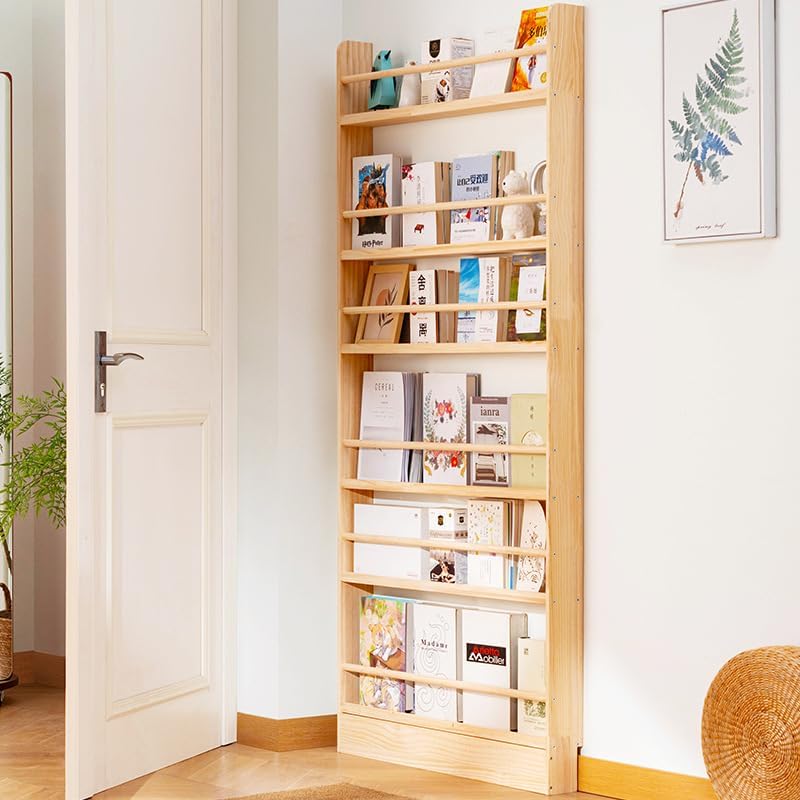 Behind Door Bookshelf 6-Tier Wooden - Slim Space-Saving Wall Mounted Organizer with Hidden Shelves for Kids Room, Narrow Bookcase Natural (Natural, 6 Tier-23.6" Lx3.9 Dx68.9 H)