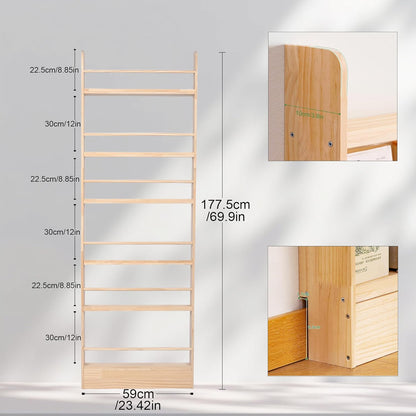 Behind Door Bookshelf 6-Tier Wooden - Slim Space-Saving Wall Mounted Organizer with Hidden Shelves for Kids Room, Narrow Bookcase Natural (Natural, 6 Tier-23.6" Lx3.9 Dx68.9 H)