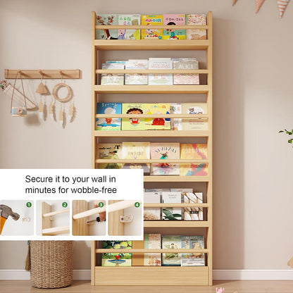 Behind Door Bookshelf 6-Tier Wooden - Slim Space-Saving Wall Mounted Organizer with Hidden Shelves for Kids Room, Narrow Bookcase Natural (Natural, 6 Tier-23.6" Lx3.9 Dx68.9 H)