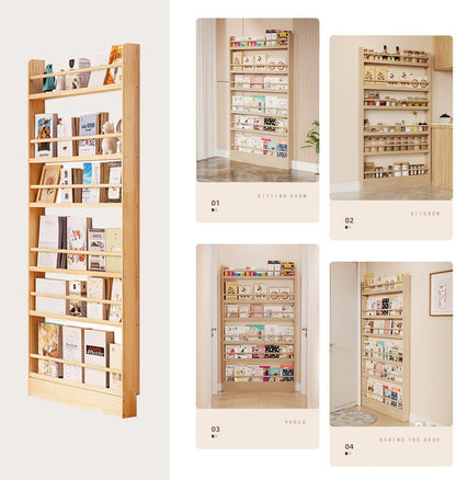 Behind Door Bookshelf 6-Tier Wooden - Slim Space-Saving Wall Mounted Organizer with Hidden Shelves for Kids Room, Narrow Bookcase Natural (Natural, 6 Tier-23.6" Lx3.9 Dx68.9 H)