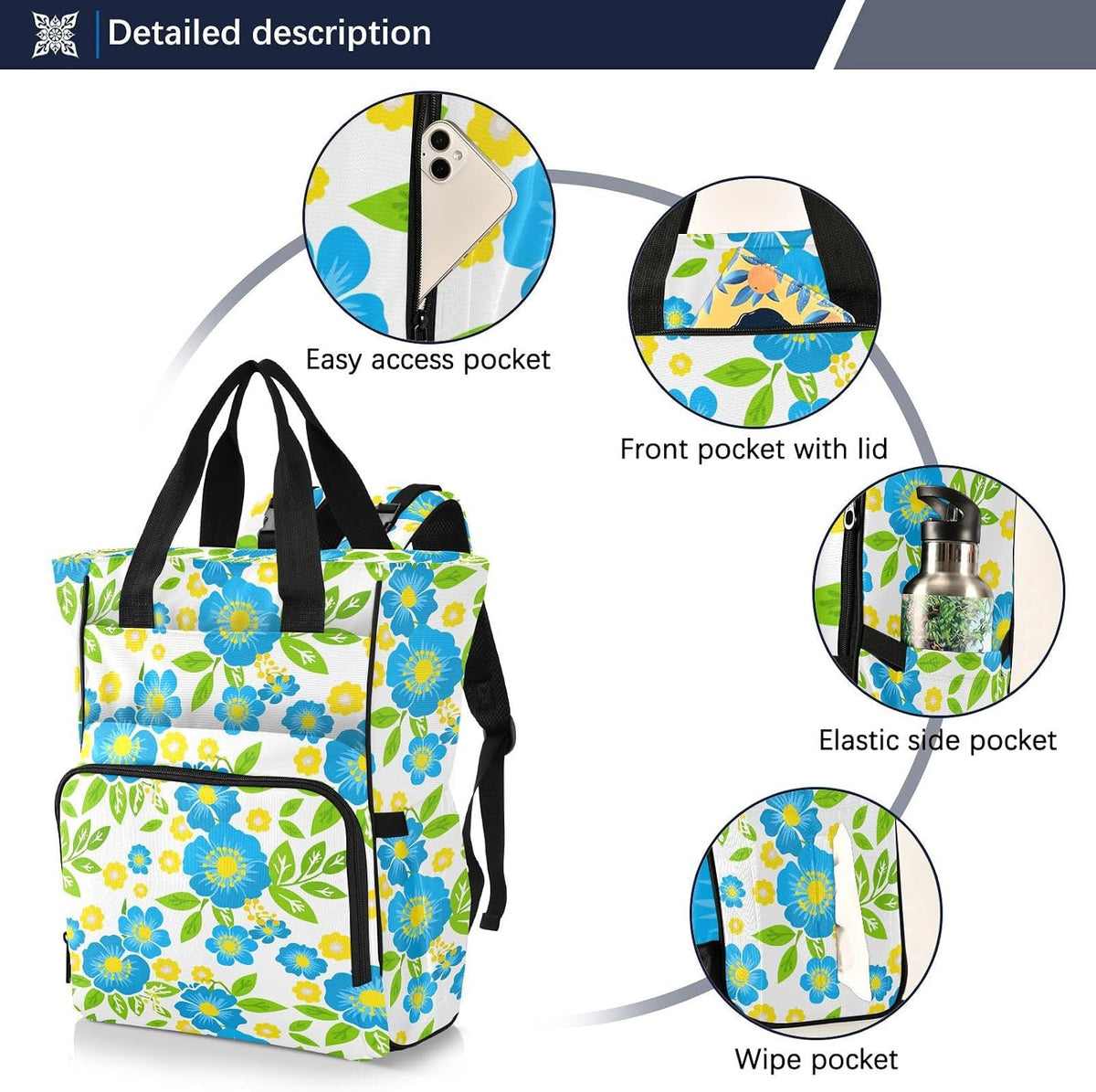 Diaper Bag Backpack, Multifunction Travel Bag for Moms Dads, Baby Changing Bag with Insulted Pockets, Stroller Straps and Side Bottle Pockets Blue Floral Pattern