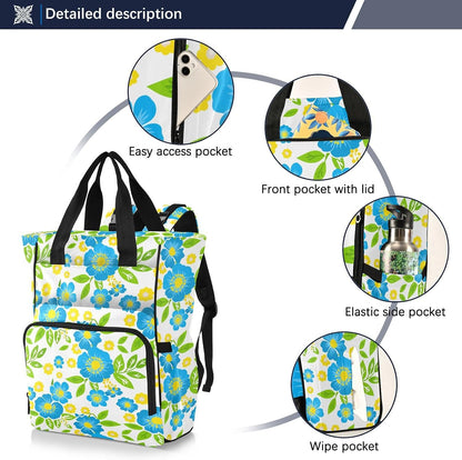 Diaper Bag Backpack, Multifunction Travel Bag for Moms Dads, Baby Changing Bag with Insulted Pockets, Stroller Straps and Side Bottle Pockets Blue Floral Pattern