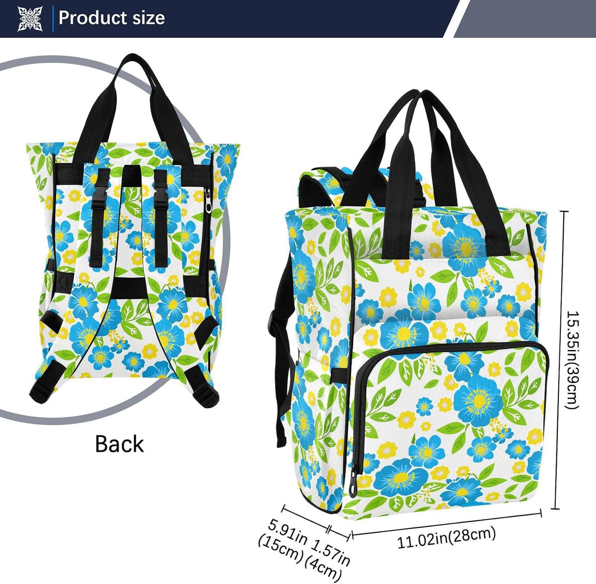 Diaper Bag Backpack, Multifunction Travel Bag for Moms Dads, Baby Changing Bag with Insulted Pockets, Stroller Straps and Side Bottle Pockets Blue Floral Pattern
