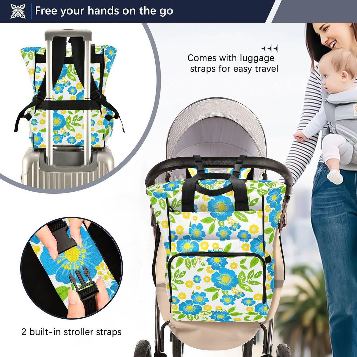 Diaper Bag Backpack, Multifunction Travel Bag for Moms Dads, Baby Changing Bag with Insulted Pockets, Stroller Straps and Side Bottle Pockets Blue Floral Pattern