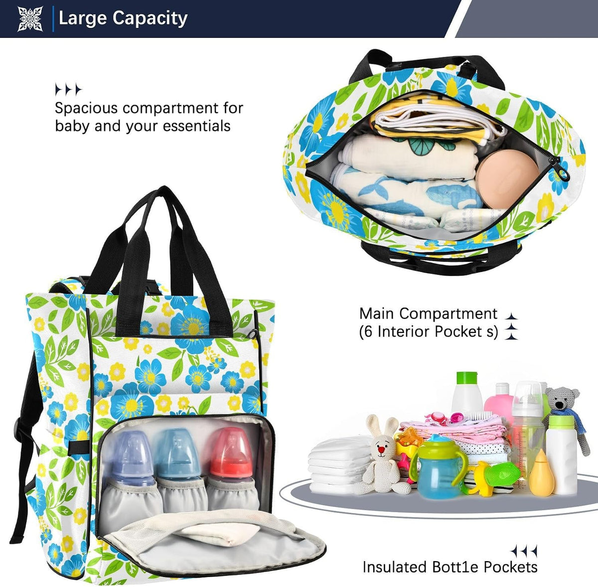 Diaper Bag Backpack, Multifunction Travel Bag for Moms Dads, Baby Changing Bag with Insulted Pockets, Stroller Straps and Side Bottle Pockets Blue Floral Pattern
