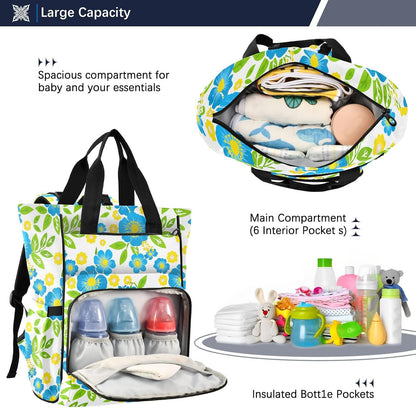 Diaper Bag Backpack, Multifunction Travel Bag for Moms Dads, Baby Changing Bag with Insulted Pockets, Stroller Straps and Side Bottle Pockets Blue Floral Pattern