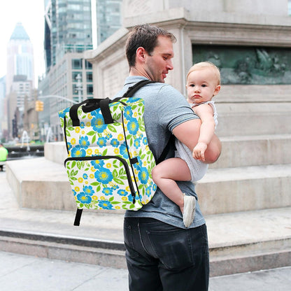 Diaper Bag Backpack, Multifunction Travel Bag for Moms Dads, Baby Changing Bag with Insulted Pockets, Stroller Straps and Side Bottle Pockets Blue Floral Pattern