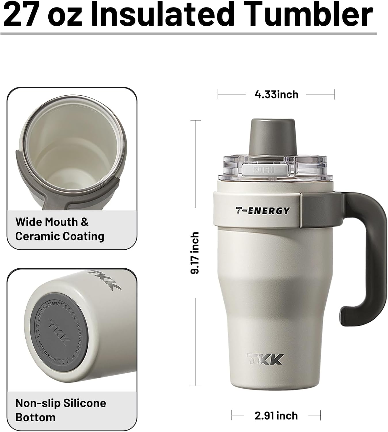 40 oz Tumblers with Handle and Straw, Ceramic Coating Insulated Bottle 100% Leakproof Travel Mug for Water, Iced Tea or Coffee, Smoothie, Cup Holder Friendly Base, BlueWhite