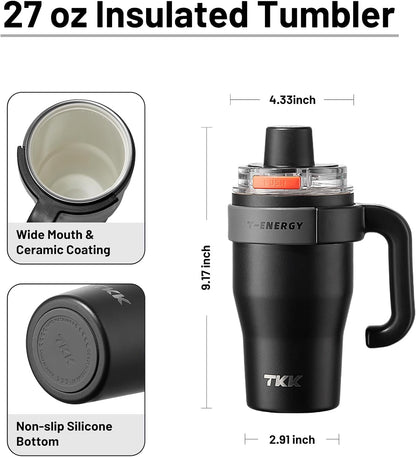 40 oz Tumblers with Handle and Straw, Ceramic Coating Insulated Bottle 100% Leakproof Travel Mug for Water, Iced Tea or Coffee, Smoothie, Cup Holder Friendly Base, BlueWhite