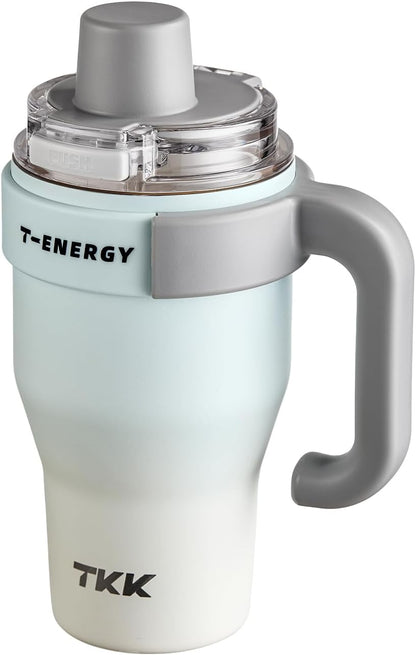40 oz Tumblers with Handle and Straw, Ceramic Coating Insulated Bottle 100% Leakproof Travel Mug for Water, Iced Tea or Coffee, Smoothie, Cup Holder Friendly Base, BlueWhite